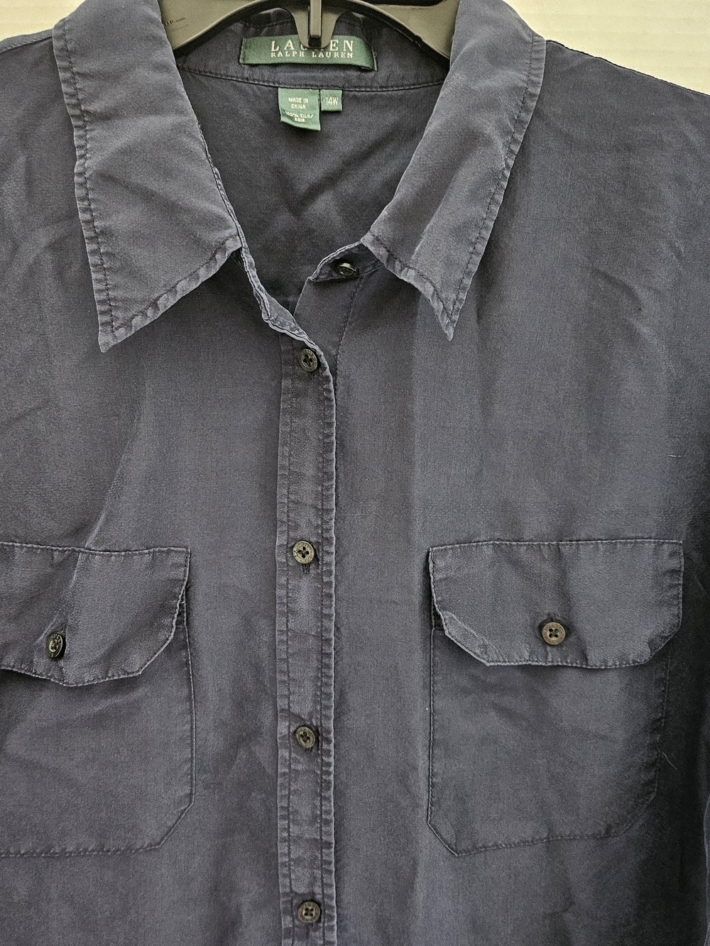 Lauren Ralph Lauren Navy Casual Button-Down Shirt with Pocket Flaps 100% Silk